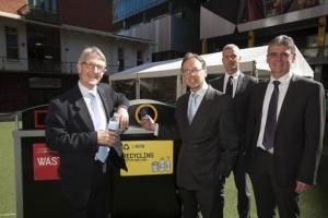 From left: the APC's Stan Moore, federal environment minister Greg Hunt, director of resource efficiency for Sustainability Victoria Stefan Preuss and CFSGAM-Property's Rowan Griffin, at the launch of QV Melbourne's commitment to away from home recycling